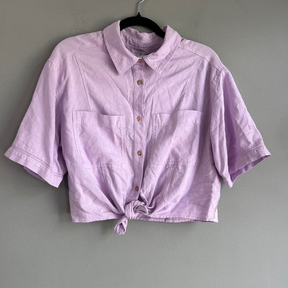 Zara Girls Lilac Purple Linen Blend Short Sleeve Tie Front Cropped Shirt 12-13